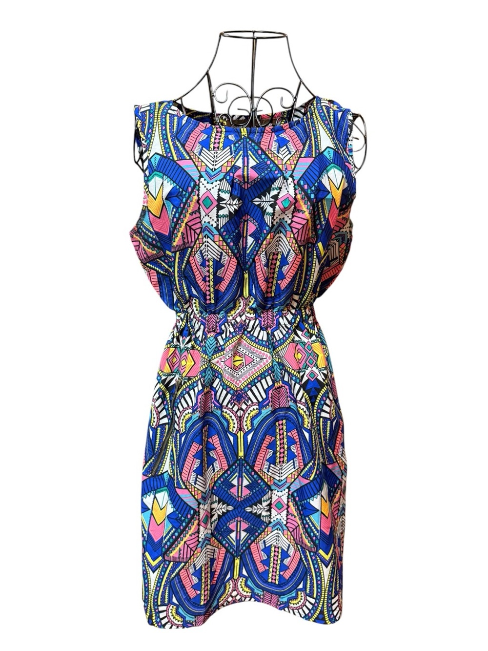 Speed Control Sleeveless Retro Blue Multi-Print Elastic-Waist Dress